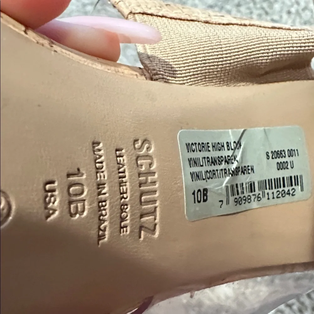 Schutz Victorie Beige Cork & Transparent Vinyl High Block Heel Sandals, Size 10